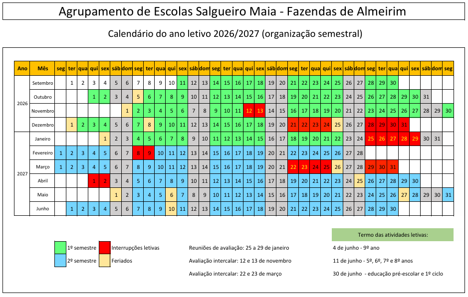 Calendário para o ano letivo 2026/2027